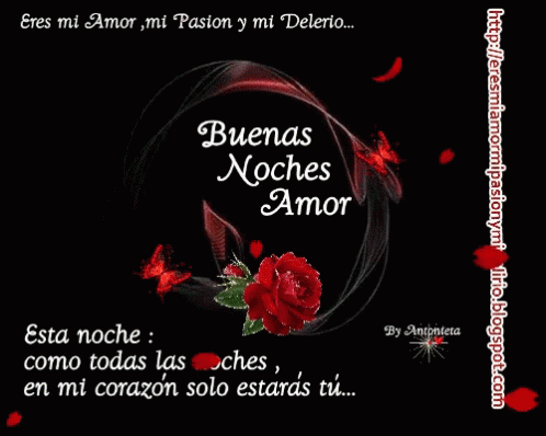 A Black Background With A Red Rose And Butterflies And The Words Buenas Noches Amor GIF