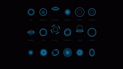 A Black Background With Blue Circles And The Words Calm Optimistic Reminder Sensitive And Satisfied GIF