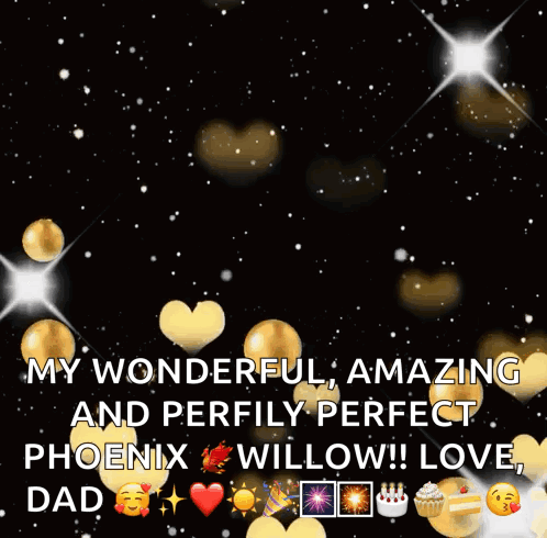 A Black Background With Gold Balloons And The Words " Happy Birthday My Wonderful Amazing And Perfectly Perfect Phoenix  GIF