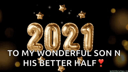 A Black Background With Gold Balloons That Read 2021 GIF