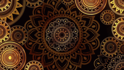 A Black Background With Gold Circles And Flowers On It GIF