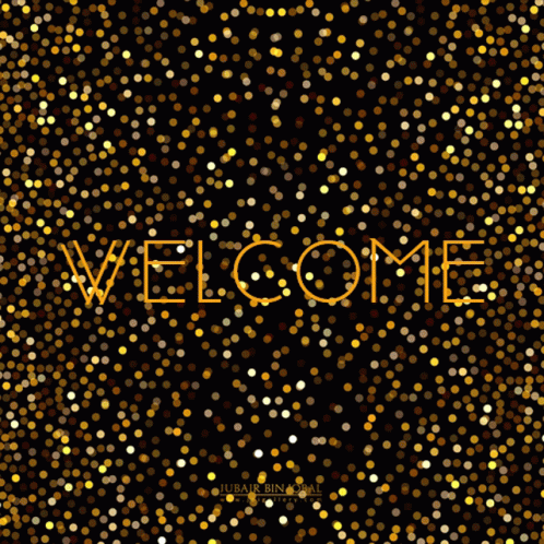 A Black Background With Gold Dots And The Word Welcome GIF