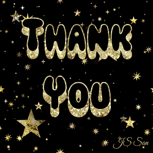 A Black Background With Gold Stars And The Word Thank You GIF