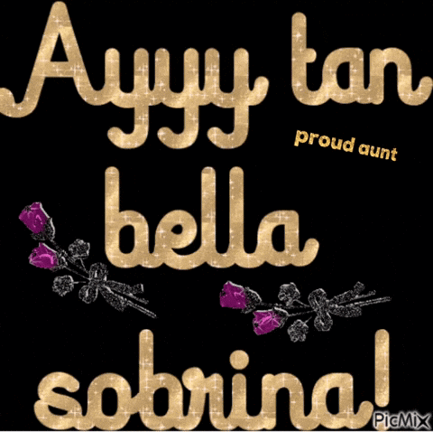 A Black Background With Gold Text That Says Proud Aunt Ayyy Tan Bella Sabrina GIF
