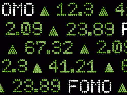 A Black Background With Green Dots And The Word Fomo GIF