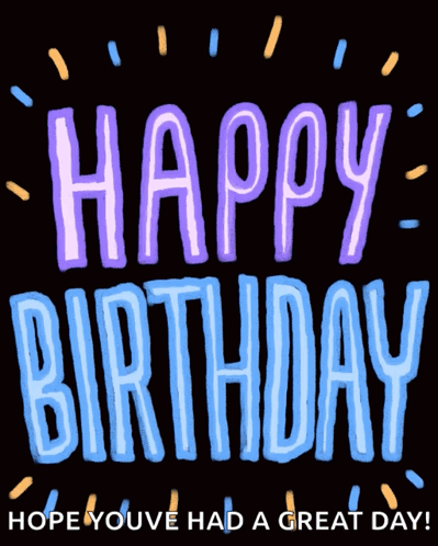 A Black Background With Purple And Blue Text That Says Happy Birthday GIF