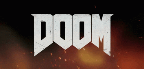 A Black Background With The Word Doom In White Letters GIF