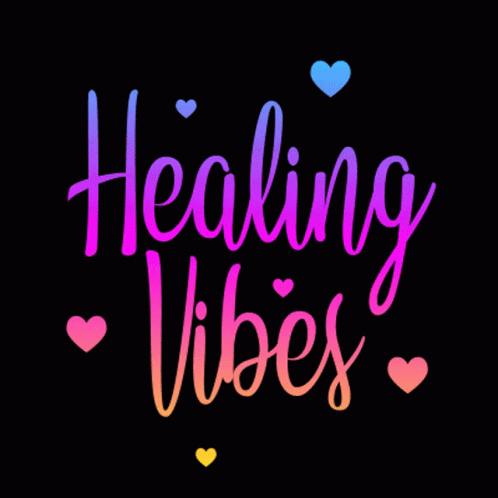 A Black Background With The Words Healing Vibes Surrounded By Pink And Blue Hearts GIF