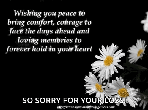 A Black Background With White Daisies And The Words Wishing You Peace To Bring Comfort Courage To Face The Days Ahead An GIF