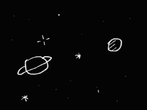 A Black Background With White Drawings Of Planets And Stars On It GIF