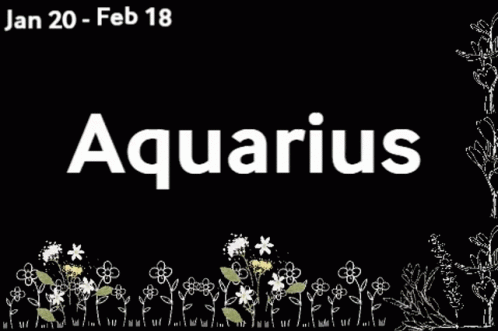A Black Background With White Flowers And The Word Aquarius On It GIF