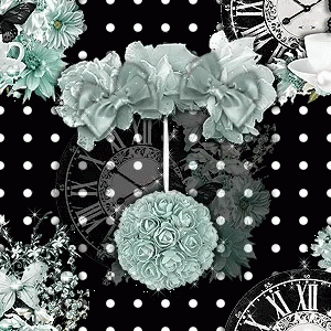 A Black Background With White Polka Dots And A Clock With Roman Numerals GIF