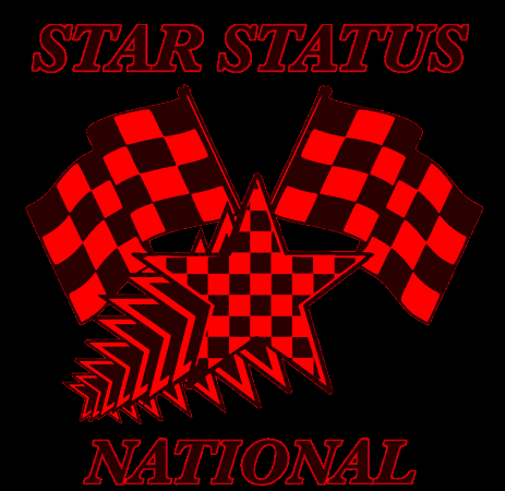 A Black Background With Yellow Checkered Flags And A Star That Says " Star Status National " GIF