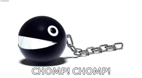 A Black Ball With A Chain Around It That Says Chomp Chomp GIF