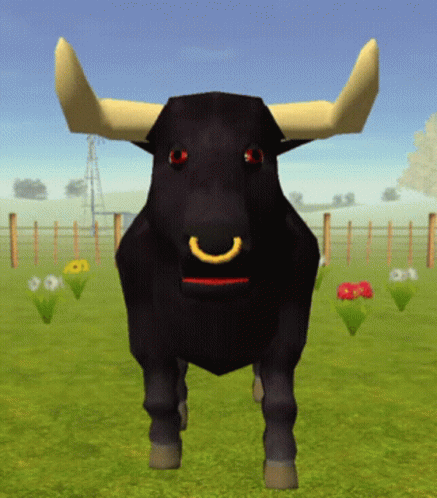 A Black Bull With Yellow Horns Is Standing In A Field GIF