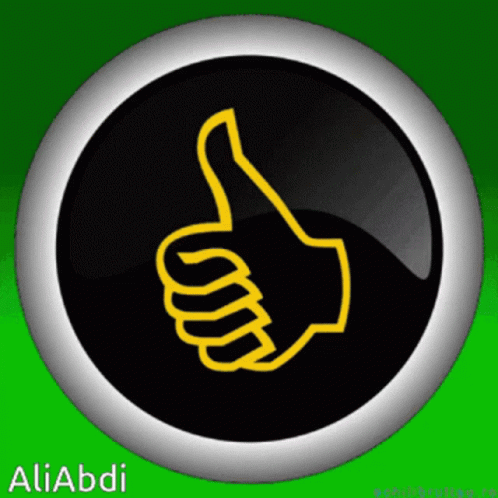 A Black Button With A Yellow Thumbs Up And The Name Aliabdi On The Bottom GIF