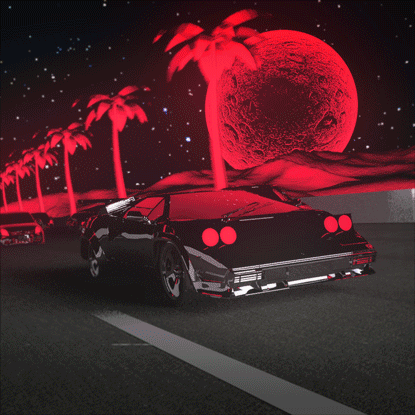 A Black Car Is Driving Down A Road With Palm Trees And A Red Moon In The Background GIF