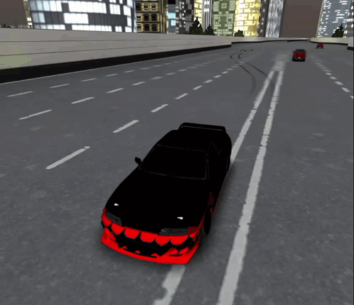 A Black Car With Red Flames Painted On The Front Is Driving Down A Highway GIF