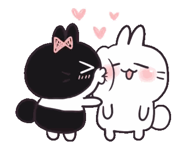 a black cat and a white rabbit are kissing