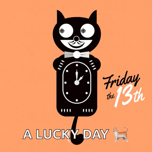 A Black Cat Holding A Clock With The Words Friday The 13Th A Lucky Day GIF