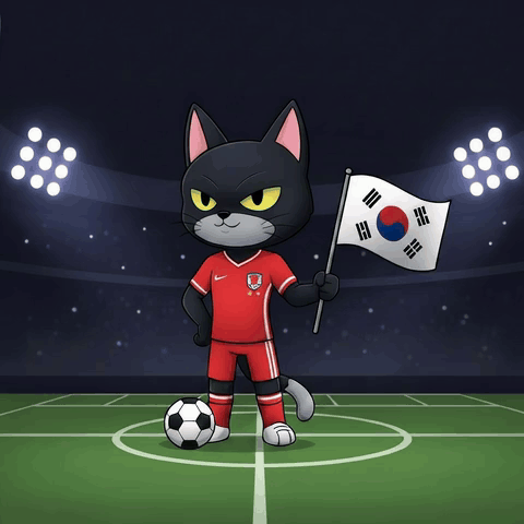 a black cat holding a korean flag and a soccer ball on a field