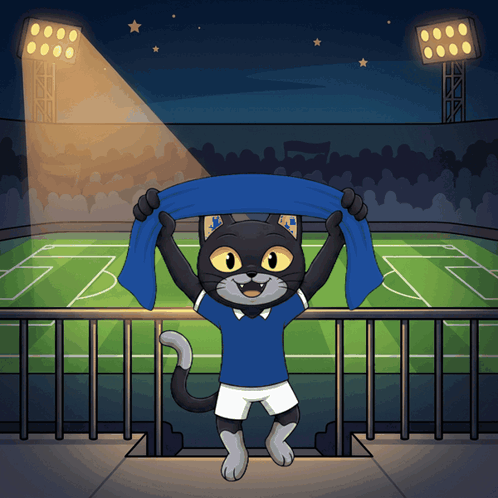 a black cat in a blue shirt is holding a blue scarf