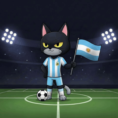 a black cat in a soccer uniform holds an argentina flag