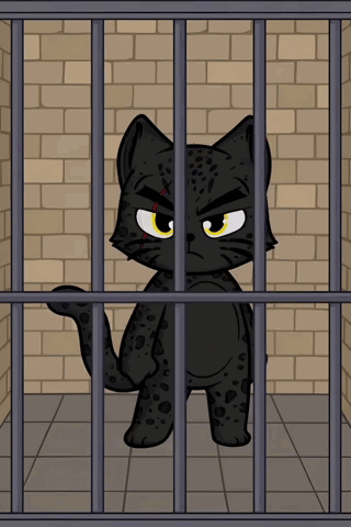 a black cat is behind bars in a prison cell