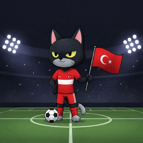 a black cat is holding a flag and a soccer ball on a field