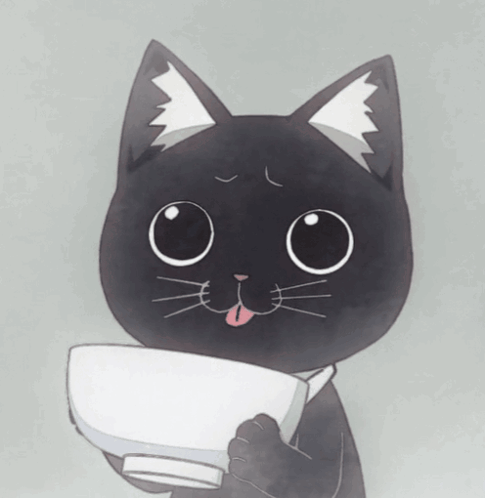 A Black Cat Is Holding A White Bowl With Its Tongue Sticking Out GIF
