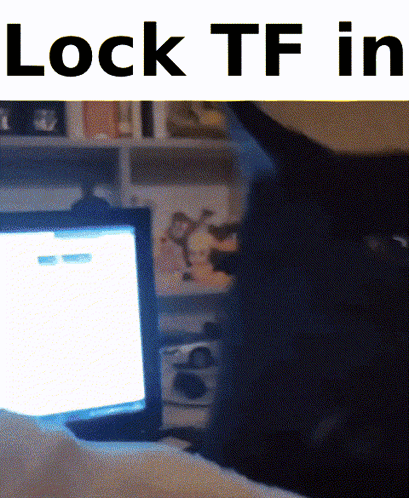 A Black Cat Is Sitting In Front Of A Computer Screen With The Words Lock Tf In Above It GIF