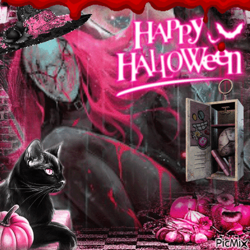 A Black Cat Is Sitting In Front Of A Pink Background That Says Happy Halloween GIF