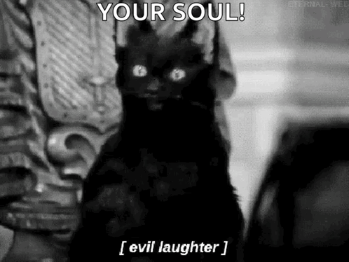 A Black Cat Is Sitting In Front Of A Statue With The Words `` Your Soul ! Evil Laughter ! '' GIF