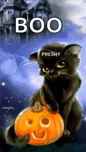 A Black Cat Is Sitting Next To A Pumpkin With A Face On It GIF