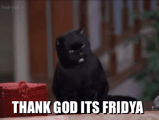 A Black Cat Is Sitting Next To A Red Box That Says Thank God Its Friday GIF