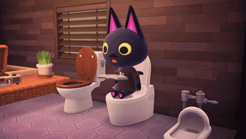 A Black Cat Is Sitting On A Toilet In A Video Game GIF