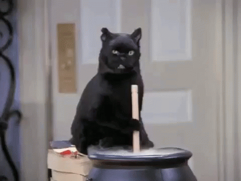 A Black Cat Is Sitting On Top Of A Black Cauldron . GIF