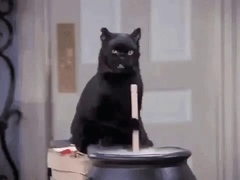 A Black Cat Is Sitting On Top Of A Cauldron With A Candle In Its Mouth . GIF