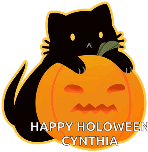 A Black Cat Is Sitting On Top Of A Pumpkin With The Words " Happy Holoween Cynthia " Below It GIF