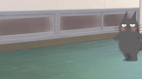 A Black Cat Is Standing On A Green Floor In Front Of A Wall GIF
