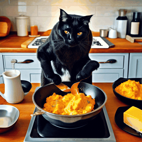 A Black Cat Is Standing On Its Hind Legs In Front Of A Pan Of Food GIF