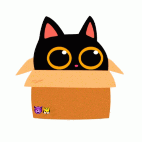 A Black Cat Is Sticking Its Head Out Of A Cardboard Box With Two Emojis On It GIF