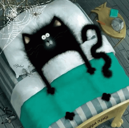 A Black Cat Laying In A Bed With A Question Mark On Its Tail GIF