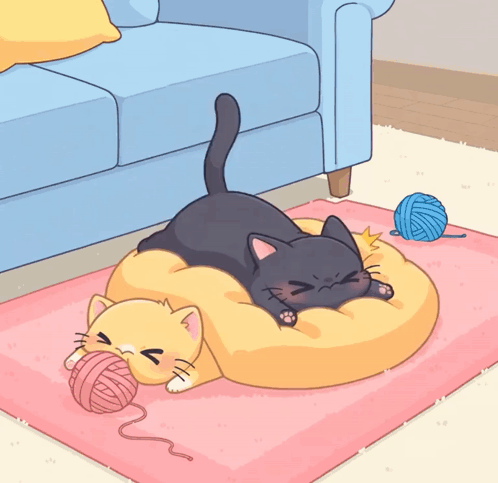 A Black Cat Laying On A Yellow Pillow Next To A Yellow Cat On A Pink Rug GIF