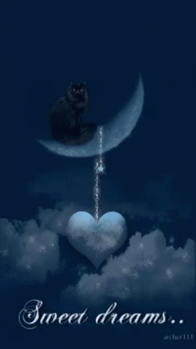 A Black Cat Sitting On A Crescent Moon With The Words Sweet Dreams Written Below It GIF