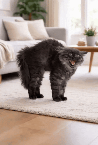 A Black Cat Standing On Its Hind Legs With Its Mouth Open In A Living Room GIF