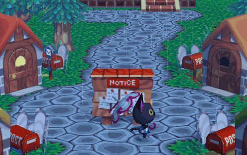 A Black Cat Stands In Front Of A Notice Board In A Video Game GIF
