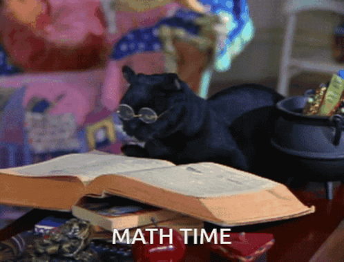 A Black Cat Wearing Glasses Sits On A Table Reading A Book With The Words Math Time Above It GIF