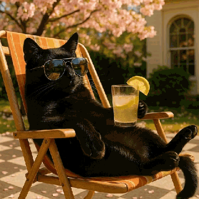 A Black Cat Wearing Sunglasses Sits In A Chair With A Drink GIF