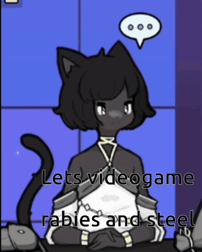 A Black Cat With A Speech Bubble Above Her Head Says Lets Videogame Rabies And Steel GIF